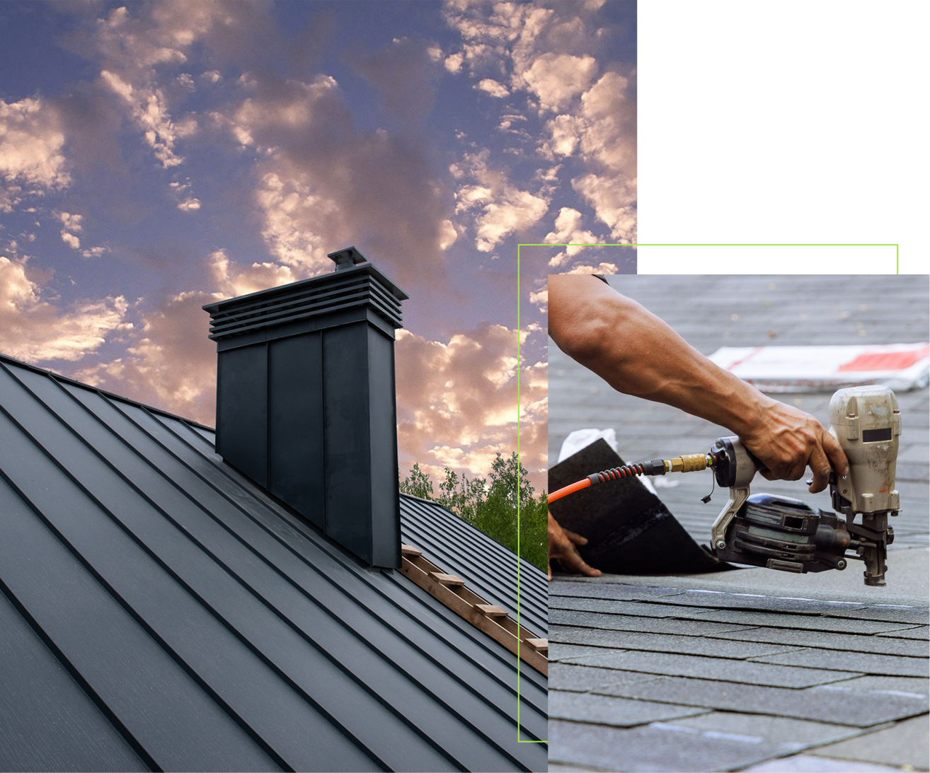 Metal roof with worker using nail gun.